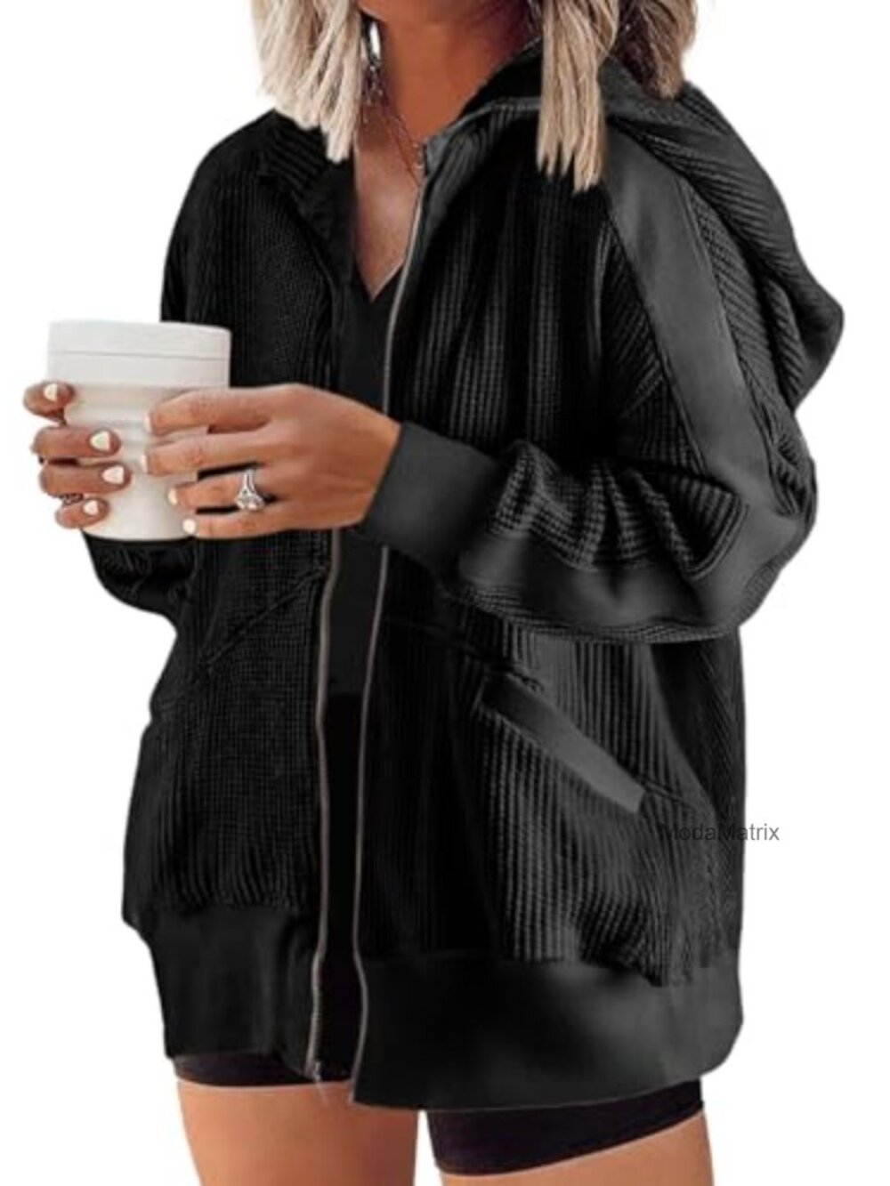 Plus Size Zip Up Hoodie Oversized Waffle Knit Sweatshirt Womens